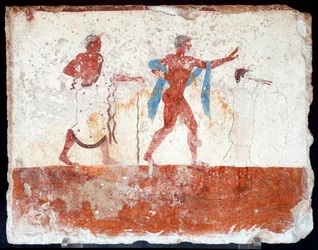 Etruskische kunst: een jonge efebe, een muzikant en een ceremoniemeester. Fresco uit het graf van de 
