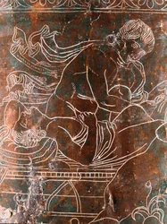 Etruskische kunst: detail van de bronzen Cista Ficoroni met de legende van de Argonauten: het schip Argo. Uit Praeneste (Palestrina). 340 v.Chr. Museo Nazionale di Villa Giulia, Rome