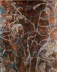 Etruskische kunst: detail van de bronzen Ficoroni-cista met de legende van de Argonauten: een Argonaut die traint in het boksen. Uit Praeneste (Palestrina). 340 v.Chr. Museo Nazionale di Villa Giulia, Rome