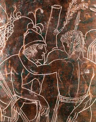 Etruskische kunst: detail van de bronzen Ficoroni-cista met de legende van de Argonauten. Uit Praeneste (Palestrina). 340 v.Chr. Museo Nazionale di Villa Giulia, Rome