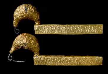 Etruskische kunst: fibulae (spelden) in goud. 630 v.Chr. Uit het graf van de Licteur (Littore) in Vetulonia (of Vetulonium). Dim. 21 cm Florence, Museo Archeologico