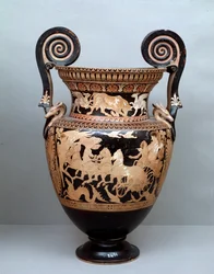 Etruskische beschaving: terracotta krater met voluten die Aurora op haar wagen voorstelt, 360-340 v.Chr., uit Cerveteri, Italië