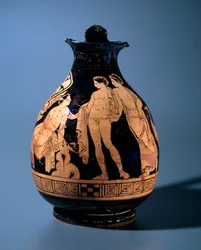 Etruskische beschaving: terracotta oenochoe versierd door het atelier van de schilder van Alcesti