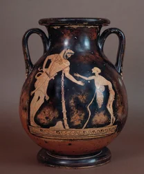 Etruskische beschaving: terracotta pelike die Hercules en een oude man, symbool van de ouderdom, toont, uit Cerveteri, Italië, 5e-4e eeuw v.Chr.