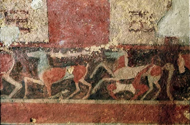 Paarden en ruiter (detail van fresco, 510 v.Chr.)