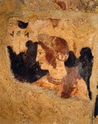 Italië, Latium regio, Tarquinia (provincie Viterbo), Etruskische necropolis, Graf van Orcus, detail van banketscène met portret van vrouw bekend als Velia Velcha (Velia Spurinas), vrouw van Arnth Velcha, fresco