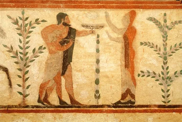 Man en kind voor de dode Heroisee, uit het graf van de Baron, ca. 500 v.Chr. (muurschildering)
