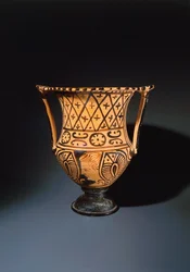 Roodfigurige calyx krater die een menselijk gezicht afbeeldt