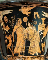 Roodfigurige keramiek, Krater, uit Civita Castellana, oude Falerii, Rome provincie, detail, gekroonde Dionysus en Ariadne