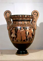 Roodfigurige aardewerk, Volute krater met afbeelding van Alcestis die A.D.metus omhelst en inscriptie van namen, door Alcestis Schilder