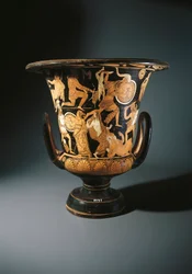 Roodfigurige aardewerk, calyx krater met Neoptolemus, Astyanax, Helena van Troje en Priamo op de grond, door Nazzano Schilder, uit Civita Castellana