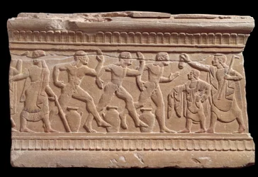 Reliëf met een race van atleten van een marmeren mijlpaal van Chiusi, Italië, 6e eeuw v.Chr.