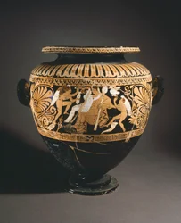 Stamnos (vloeistofopslagvat). Roodfigurige aardewerk uit Porano (Umbrië). Etruskische Beschaving, 4e eeuw v.Chr.