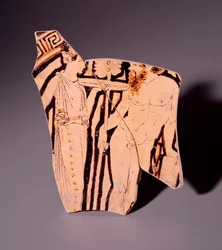 Terracotta fragment van kylix die een maenade en een sater voorstelt, 350 v.Chr.