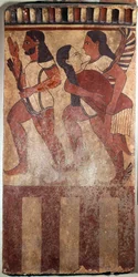 Etruskische kunst: Plaque Campana: een boogschutter, een gevleugelde geest met een vrouwelijke figuur (6e eeuw v.Chr.)
