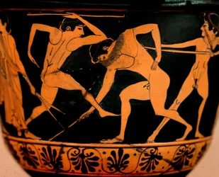 Etruskische kunst: pyxis versierd met een palestra scène, atleten oefenen speerwerpen uit Cerveteri. Rome, Museo di Villa Giulia