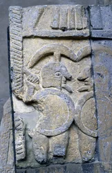 Etruskische krijger op een sarcofaag in het Nationaal Museum van Tarquinia.