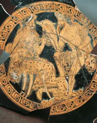 Roodfigurige keramiek, interne decoratie van een krater met Poseidon en Amphitrite, Etruskische beschaving