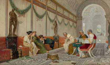 Interieur van Romeins gebouw met figuren