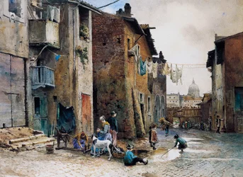 Middeleeuwse huizen in Via della Lungaretta in Rome, door Ettore Roesler Franz (1845-1907), aquarel, Italië