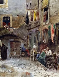 Middeleeuwse overblijfselen in het ghetto van Rome, door Ettore Roesler Franz (1845-1907), aquarel uit de serie Verdwenen Rome, Detail, Italië