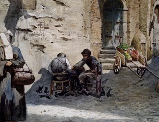 Oude middeleeuwse huizen op Lungaretta door Ettore Roesler Franz (1845-1907), aquarel uit de serie Verdwenen Rome, Detail, Italië