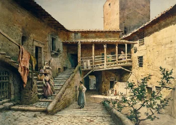 De binnenplaats in Anguillara Paleis in Rome, uit de serie Verdwenen Rome, door Ettore Roesler Franz (1845-1907)