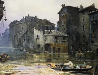 Via della Fiumara overstroomd in Rome, door Ettore Roesler Franz (1845-1907), aquarel, Italië