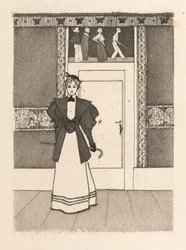 Interieur met jonge vrouw in wandelkostuum