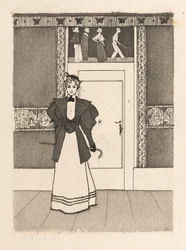 Interieur met jonge vrouw in wandelkostuum