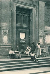 Ontmoetingsplaats van kunstenaarsmodellen voor een kerk in de Via Babuino, Rome, Italië, 1927