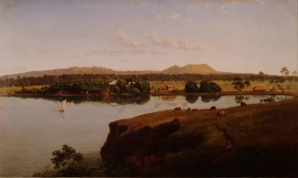Uitzicht op Purrumbete Station naar het noordwesten. Mt. Leura en Mt. Sugarloaf in de verte, Australië