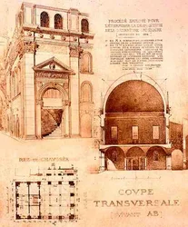 Plan, doorsnede en elevatie van de Loggia, of Palazzo del Commune, Brescia, Italië, uit 