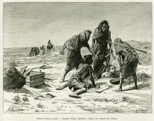Begraven in het zand. Gravure door Eugene Girardet, ter illustratie van het verhaal Vijf maanden bij de nomadische mooren van de Westelijke Sahara, in 1887, door Camille Douls, in le tour du monde 1888, onder leiding van Edouard Charton (1807-1890), Hachet