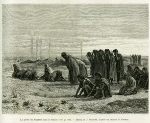 Het Moghreb-gebed in de Sahara. Gravure door J.Girardet, ter illustratie van het verhaal Cinq mois chez les moures nomades du Sahara occidental, in 1887, door Camille Douls, in le tour du monde 1888, onder leiding van Edouard Charton (1807-1890), Hachette,