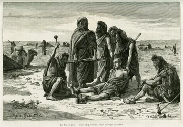De ijzers aan de voeten. Gravure door Eugene Girardet, ter illustratie van het verhaal Vijf maanden bij de nomadische mooren van de Westelijke Sahara, in 1887, door Camille Douls, in le tour du monde 1888, onder leiding van Edouard Charton (1807-1890), Hac