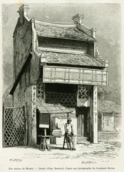 Een apenhuis. Gravure door Eugene Burnand, ter illustratie van het verhaal Sur les frontières du Tonkin, door dokter P.Neiss, in le tour du monde 1888, onder leiding van Edouard Charton (1807-1890), Hachette, Parijs.