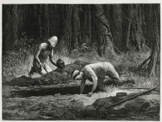 Dr. Harmand en zijn Annamitische helper, die clandestiene opgravingen van Khas-begrafenissen uitvoeren in Attopeu (Laos), gravure door Eugene Burnand, ter illustratie van het verhaal over Laos en de wilde bevolkingen van Indochina door Dr. Harmand, in 1877