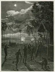 Dr. Harmand wordt midden in de nacht gewekt door het geluid van de geweren van de inheemse Khas, die op de maan schieten tijdens een zonsverduistering, in Attopeu (Laos), gravure door Eugene Burnand, ter illustratie van het verhaal van Laos en de wilde bev