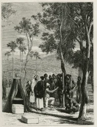 Dr. Harmand voert antropologische metingen uit op de inheemse Khas, in Attopeu (Laos), gravure door Eugene Burnand, ter illustratie van het verhaal van Laos en de wilde bevolkingen van Indochina door Dr. Harmand, in 1877, gepubliceerd in de tour du monde, 