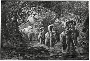 Op weg naar het bos, de expeditie reist op de rug van een olifant. Gravure door Eugene Burnand, ter illustratie van het verhaal "Reis in Boven-Laos", in 1880, door Dr. P.Neis. Gepubliceerd in Le Tour du monde, nouveau journal des voyages, 2e semester 18