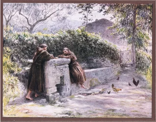 De maaltijd van Sint Franciscus en broeder Masseo bij de fontein. Sint Franciscus prijst armoede