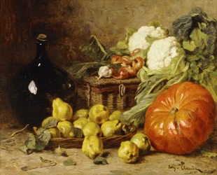 Een stilleven met een wijnkan, een mand, peren, uien, bloemkolen, kool, knoflook en een pompoen