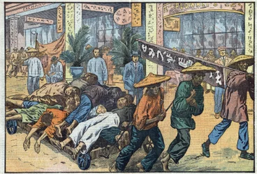 Burgeroorlog tussen nationalisten en communisten in China: na de communistische onlusten in Kanton worden de lijken van de slachtoffers op karren opgestapeld. Illustratie door Damblans. In 