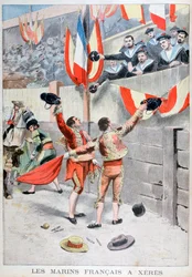 Franse zeelieden kijken naar een stierengevecht, Xeres, Spanje, 1899