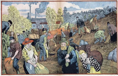 Jagers zoeken naar stukjes kolen tussen de stenen die uit de mijnen zijn gehaald om zichzelf te verwarmen tijdens de winter. Ruhrgebied, Duitsland. Illustratie van Damblans. In 