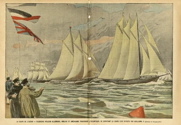 Illustratie door Eugene Damblans (1865-1945) in Le Pelerin, 04/06/05 - De oceaanbeker. Verschillende Duitse, Engelse en Amerikaanse zeilboten steken de Atlantische Oceaan over, concurrerend voor de gouden beker aangeboden door Wilhelm II - Duitsland, Sport