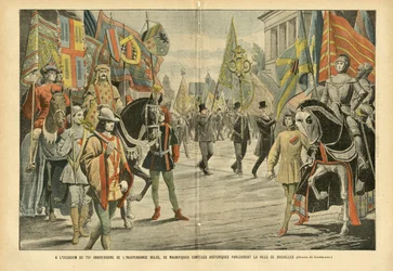 Illustratie door Eugene Damblans (1865-1945) in Le Pelerin, 06/08/05 - Ter gelegenheid van de 70e verjaardag van de Belgische onafhankelijkheid, trekken prachtige historische stoeten door de stad Brussel - België, Geschiedenis, Vlaggen, Brussel, Herdenking