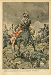 Illustratie van Eugene Damblans (1865-1945) in Le Pelerin, 01/01/05 - Een Russische korporaal scheurt een Japanse vlag voor Port Arthur - Rusland, Japan, Port Arthur, Russisch-Japanse Oorlog, Gevechten, Geweer - Soldaten, Korporaal