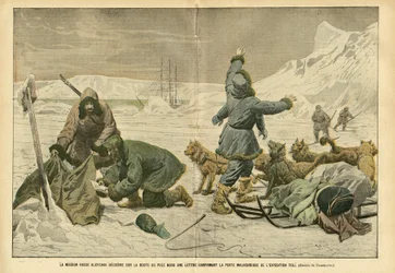 Illustratie van Eugene Damblans (1865-1945) in Le Pelerin, 02/04/05 - De Russische missie Klotchak ontdekt op de noordpoolweg een brief die het ongelukkige verlies van de Toll-expeditie bevestigt - Noord- en Zuidpool, Poolreizen, IJs, Slee